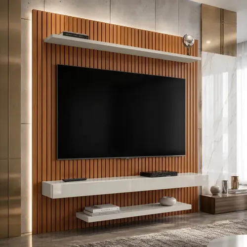 Painel Para Tv Até 60 Polegadas Leme 2 Prateleiras Cor Marrom-escuro  Ripado/off White