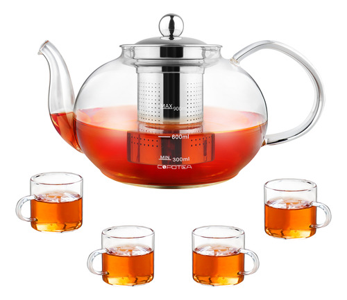 Juego Vidrio Tetera De Té O Café Con 4 Tazas Y Filtro 1200ml