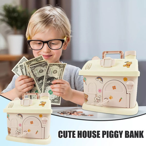 Alcancia En Forma De Casa Con Llave Y Calcomanias Incluidas House Pink Bank Rosa Claro