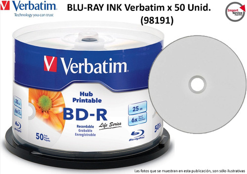 Blu-ray Ink Verbatim X 50 Unidades (98191) 25gb 6x Printable