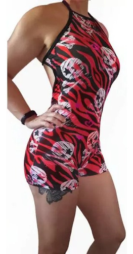 Catsuit Corto Enterito Fanaticas Del Entrenamiento Push Up Calaveras Rojo 1