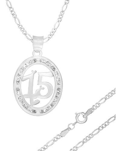 Cadena Con Dije 15 Años Figaro Plata Ley 925 Zirconia