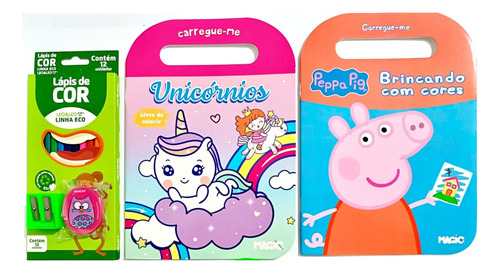 Kit 2 Livros De Colorir+1 Caixa Lápis De Cor + Borracha E Apontador