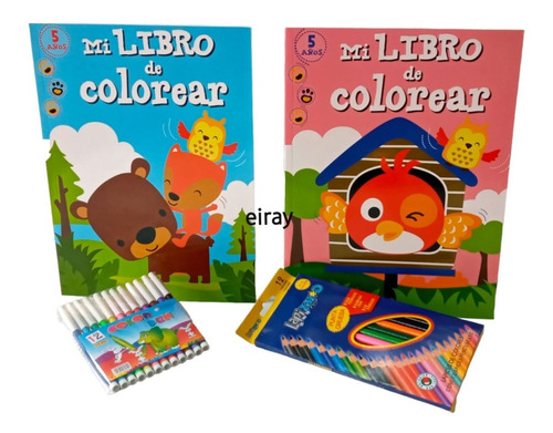 2 Libros De Colorear + Colores Y Plumones Infantil