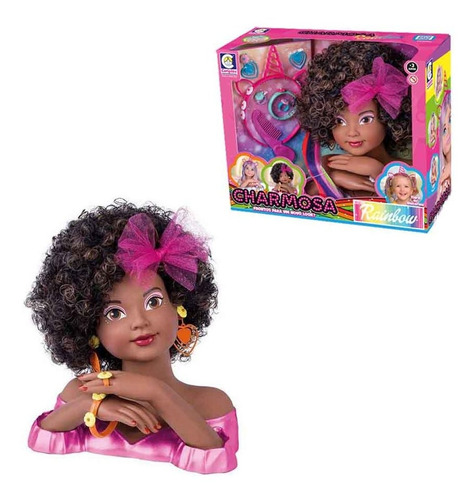 Busto Boneca Negra Charmosa Rainbow C/ Acessórios - Cotiplás