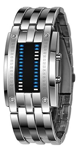 Reloj Para Hombre Led Binario Electrónico Impermeable Moda Correa Plateado