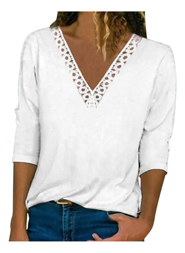 Blusa De Manga Larga De Encaje De Color Liso Q Para Mujer Co