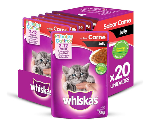 Pack Ração Úmida Whiskas para Gatos Filhotes Sachês sabor Carne Jelly, 85g - 20 unidades