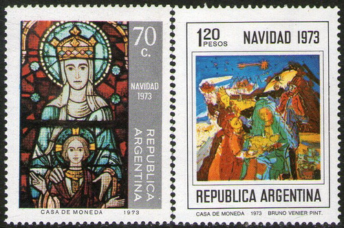 Argentina 2 Sellos Mint Navidad Vitral Con Virgen Y Niño De La Catedral De La Plata Y Pintura De Bruno Vernier Año 1973 