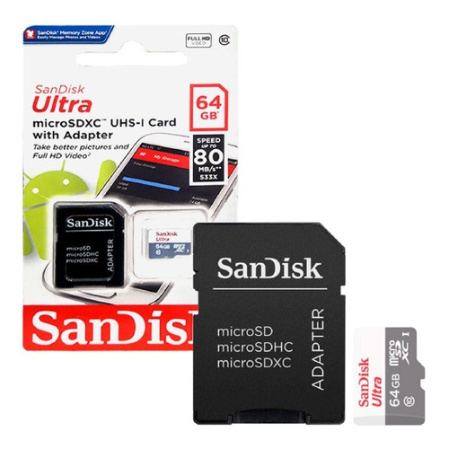 Memoria Microsd Sandisk Ultra 64gb 80 Mb/s Clase 10/w
