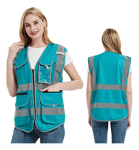 Lake Blue Safety Vest For Women With Pockets High Visib...