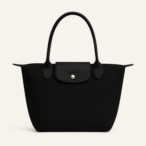 Cartera Mujer Midi Plegable Tela Impermeable Y Cuero Vacuno Negro Lisa Níquel Negro
