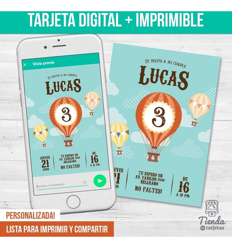 Invitación Digital + Imprimible - Globo Aerostático Nene