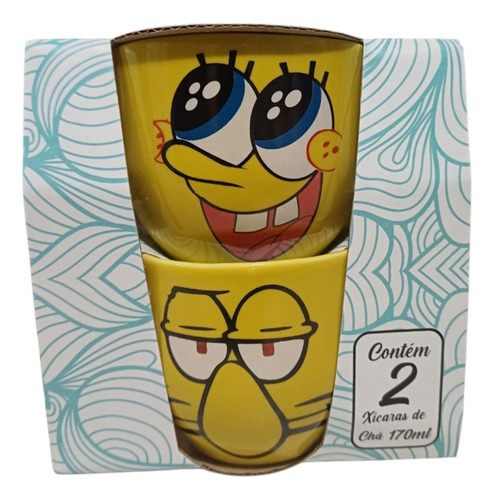 Conjunto De Xícaras Bob Esponja 170ml Porcelana Amarelo Bob Esponja E Lula Molusco