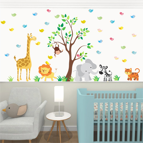 Adesivo De Parede - Árvore Safari Infantil + Kit Passarinhos