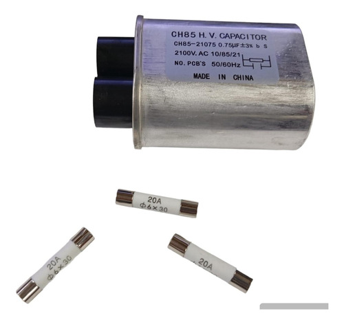 Kit Capacitor Alta Tensão Microondas 0,75uf C/ 3 Fusivel 20a