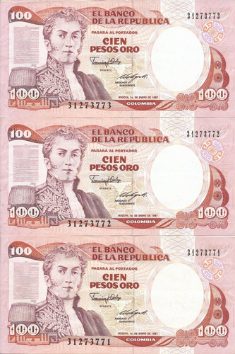 Colombia Trío Consecutivo 100 Pesos 1 Enero 1987