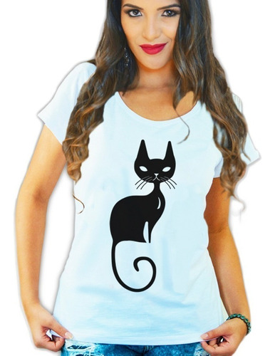 Roupa Camiseta Feminina Gato Preto Frida T-shirts Moda