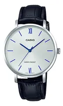 Comprar Reloj de pulsera Casio Dress LTP-VT01 de cuerpo color plateado, analógico, para mujer, fondo plateado, con correa de cuero color negro, agujas color azul, dial azul, bisel color plateado y hebilla sim