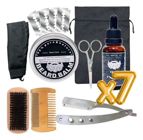 Kit Aseo Y Cuidado Barba Bigote Navaja Afeitado Hombre 7pcs Color Negro