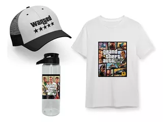 Pack Negro Remera + Botella + Gorra Gta V Grand Theft Auto