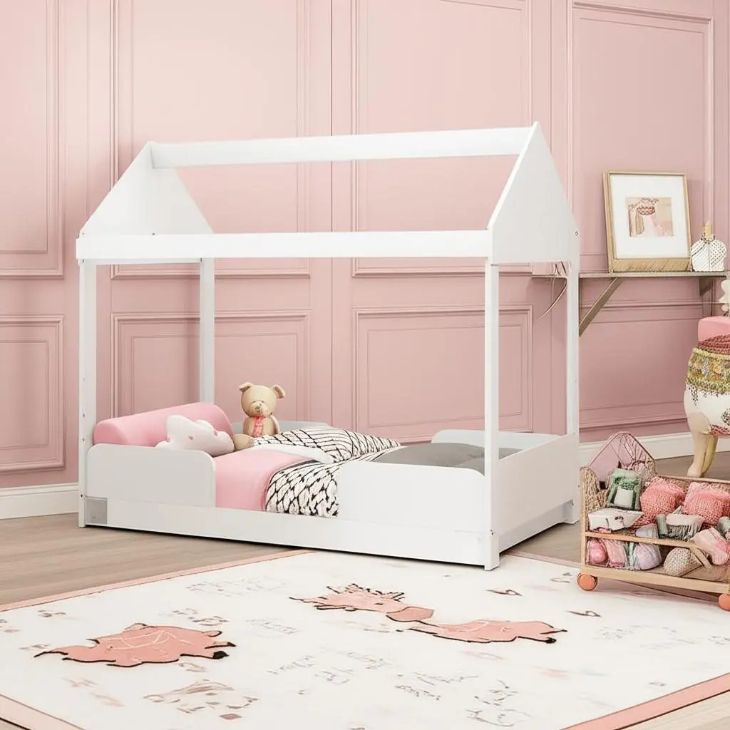 Cama Solteiro Montessori Casa para Criança Bela Branca Com Grades