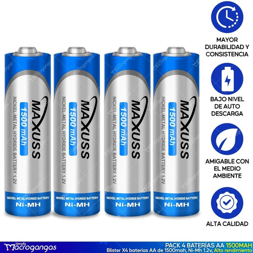 Imagen 2 de 4 de Pilas Baterias Recargables Aa 1.2v 1500mah Blíster X4