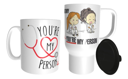 Taza Ceramica Jarro Termico Plastico Combo Greys Anatomy You Are My Person Meredith Grey Ellen Pompeo Cristina Yang Color Blanco