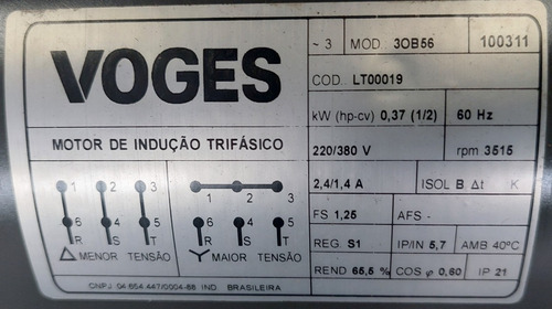 Motor Nema Trifásico 1/2cv 0,5cv 2polos Alta Rotação Voges