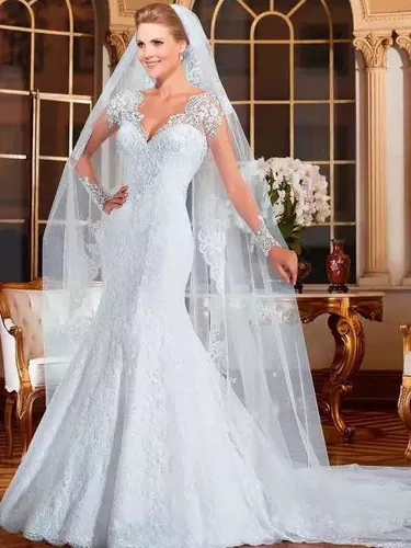 Vestido de Noiva Sereia Manga Longa Todo Bordado, Roupa de Casamento  Feminina Cinderela Noivas Usado 73046914