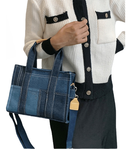 Bolsa De Tote Mezclilla De Los Herrajes Plata Color Azul Col Acabado De Los Herrajes Metal Diseño De La Tela Mezcla De Lona Y Denim