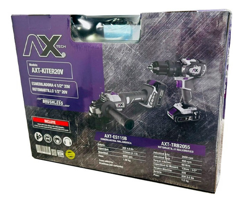 Kit Esmeril 4-1/2 20v + Rotomartillo 1/2 20v Axt-kiter20v Color Gris Y Morado Frecuencia 60