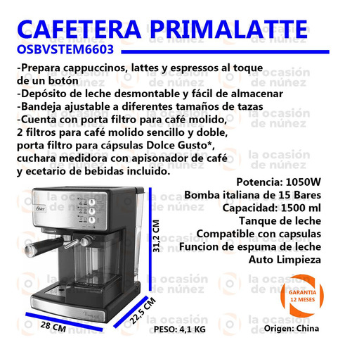Imagen 2 de 8 de Cafetera Express Oster 6603 Primalatte 15 Bares Apto Capsula