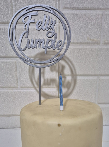 Cake Topper Adorno Torta Feliz Cumple + Vela Mágica Plateado Feliz Cumple