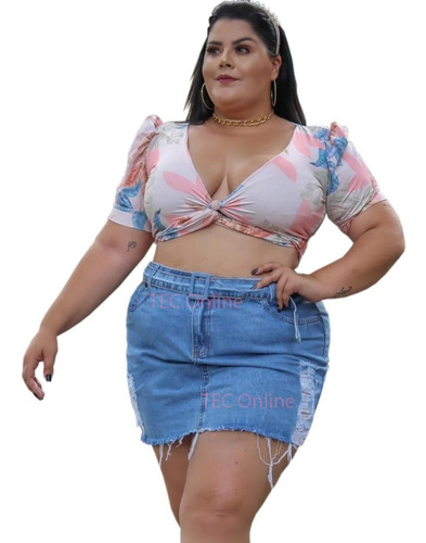 Imagem 1 de 1 de Saia Jeans Plus Size Feminina Curta Cinto E Fivela Encapada