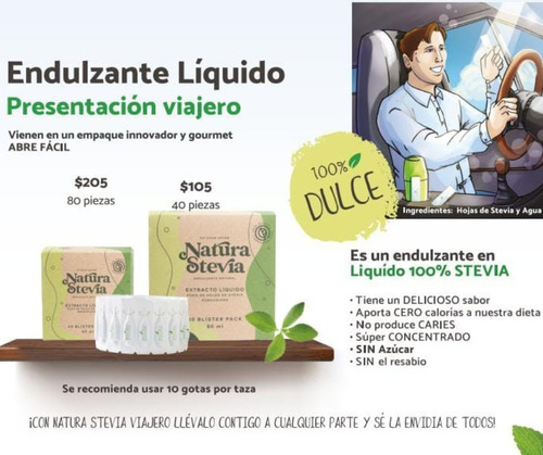 Stevia Liquida Natural En Sobre Individual. Rinde 900 Sobres