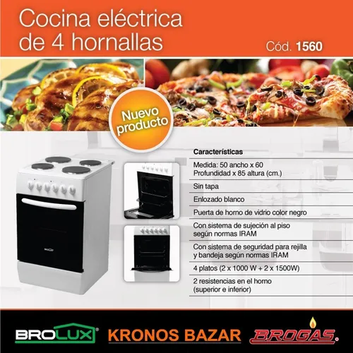 Cocina Electrica 50 Cm 4 Hornallas Y Horno Brolux De Brogas