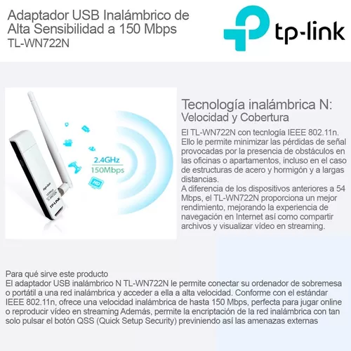 Adaptador USB Inalámbrico de Alta Ganancia 150MbpsTL-WN722N