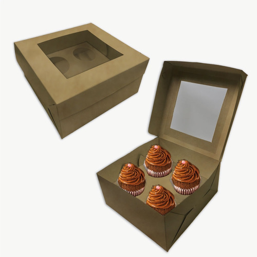 Cajas Para 4 Cupcakes Muffins Kraft C/cuna Y Visor Pack X100