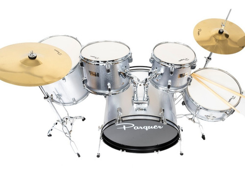 Imagen 2 de 10 de Bateria Acústica Parquer 5 Cuerpos Plateada Platillo Cuota