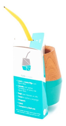 Mate Diseño Mijo De Madera Caldén Con Bombilla Incluida Color Turquesa