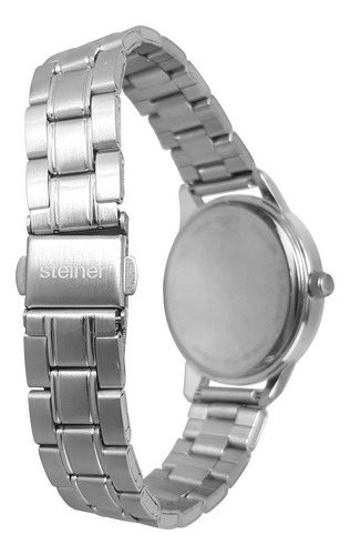 Reloj Steiner Análogo Extensible Plateado Acero Inox. 3atm Fondo Negro