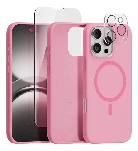 Kit Funda Para Iphone Magsafe + Mica Pantalla + Mica Camara Rosa Iphone 15