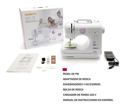 Imagen 6 de 7 de Máquina De Coser Recta Femmto Hlt12 Portable Blanca 220v