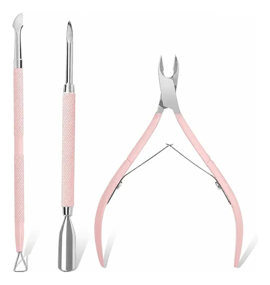 Kit Manicure 3 Pçs Alicate De Cutícula Empurrador Inox Unha Rosa