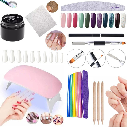 Kit Para Uñas Postizas Pres On Tips Coffin Pegamento Sof Gel