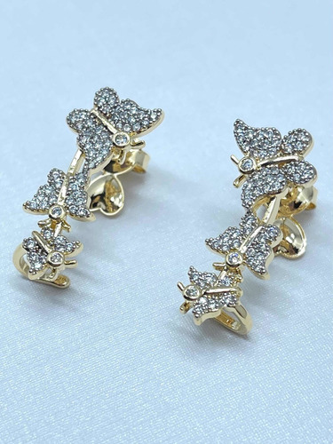 Brinco Ear Cuff Borboleta Zircônias Semijoia Banhado Ouro 18