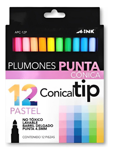 A-ink Punta Conica Tipo Super Tips Colores Pastel 12 Piezas