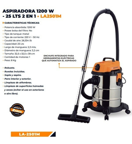 Aspiradora Industrial Lusqtoff 25 Lts Polvo Y Agua La-2501m
