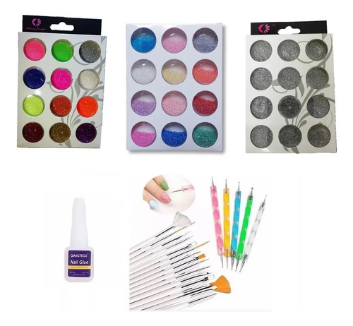 Kit Diseño Uñas, Pinceles, Punteros, Glitter Decoración